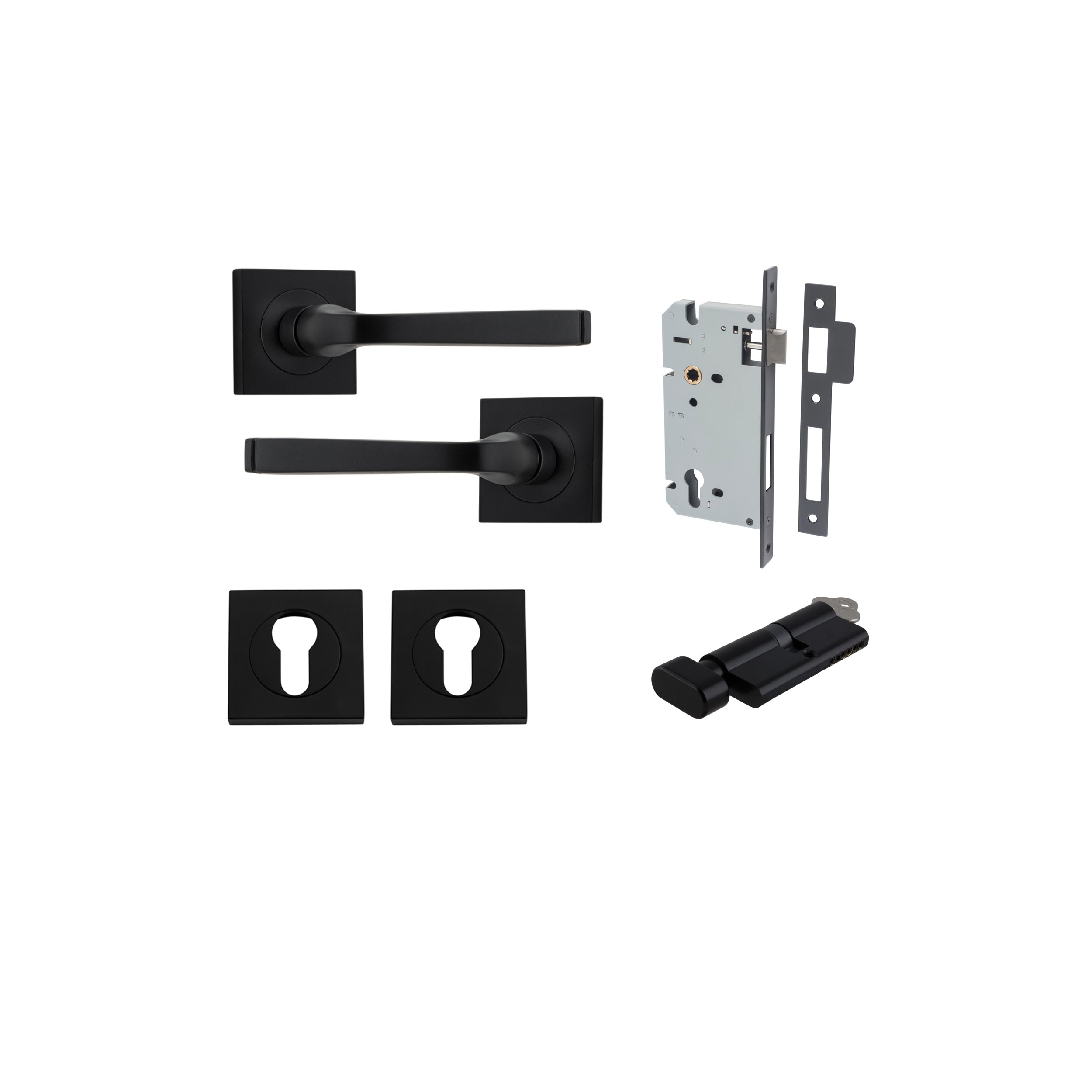 Annecy Lever - Square Rose - Ella Grace - Iver - Matt Black - Door Levers - Entrance Kit - Door Handle - Solid Brass