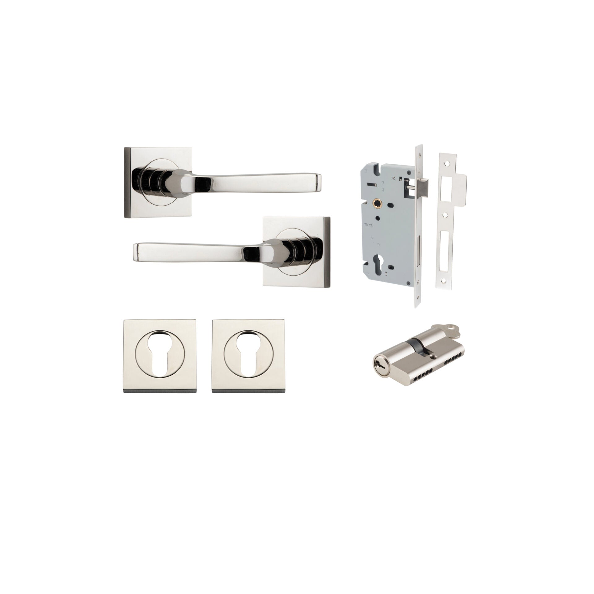Annecy Lever - Square Rose - Ella Grace - Iver - Polished Nickel - Door Levers - Entrance Kit - Door Handle - Solid Brass