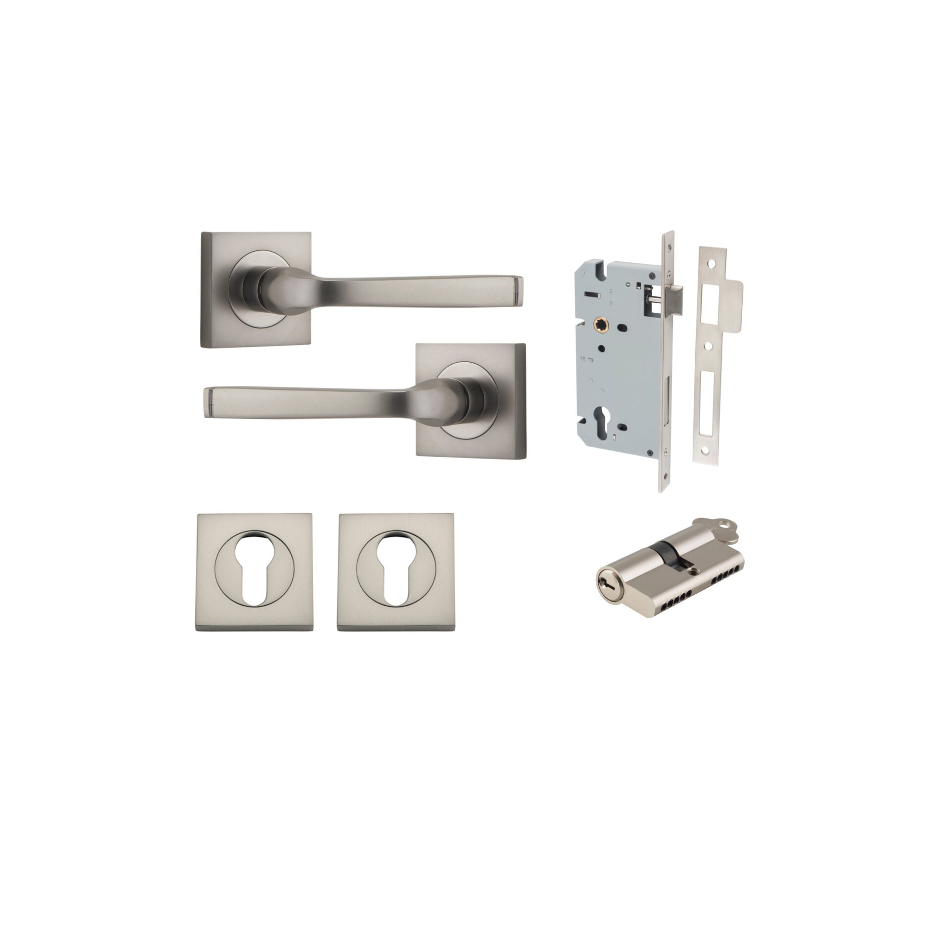 Annecy Lever - Square Rose - Ella Grace - Iver - Satin Nickel - Door Levers - Entrance Kit - Door Handle - Solid Brass