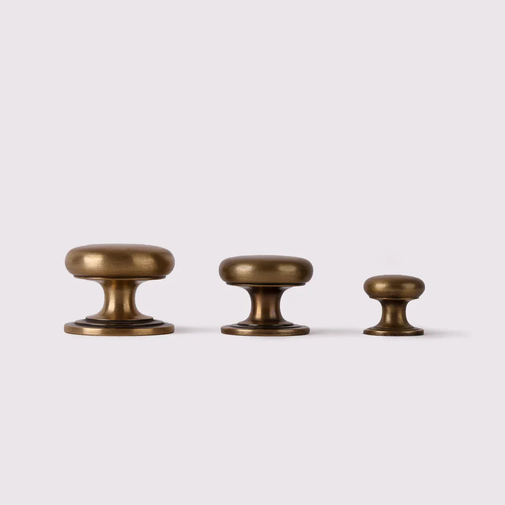 Kew Knob in acid washed brass by Hepburn Hardware