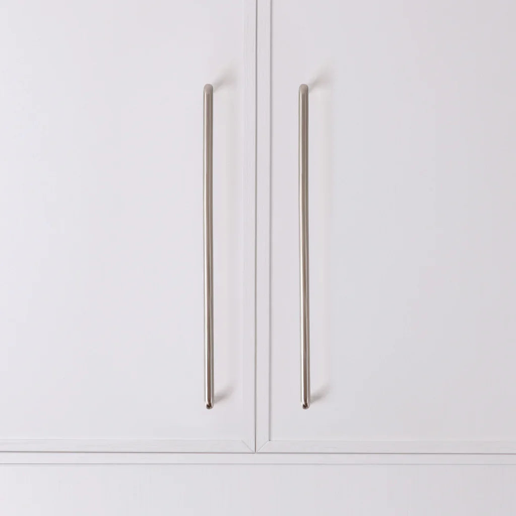Ren Appliance Pull in satin nickel fitted to cabinetry