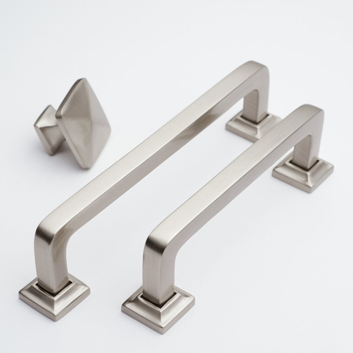 Bronte Knob in satin nickel fitted to cabinetry