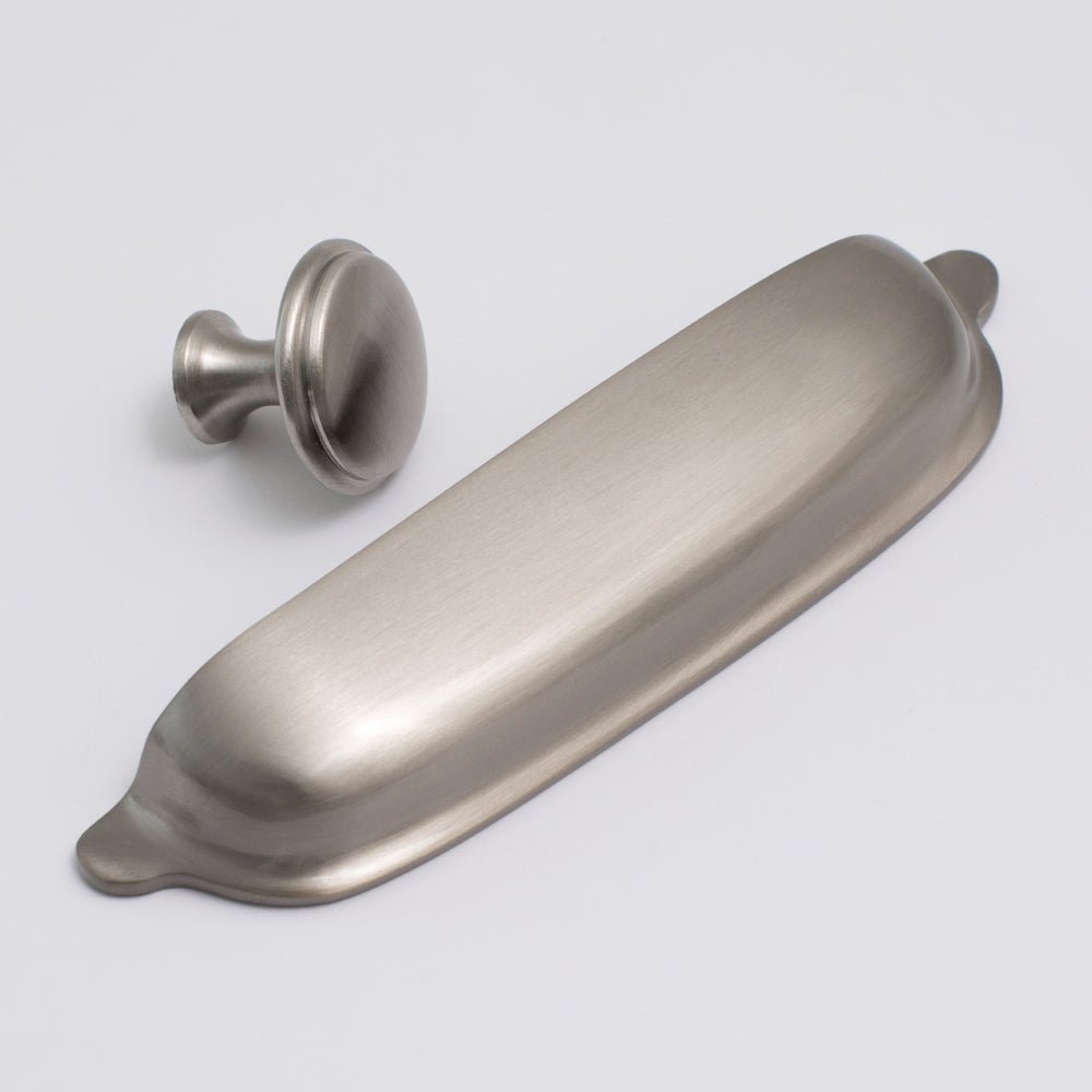 Halifax Knob in satin nickel fitted to cabinetry