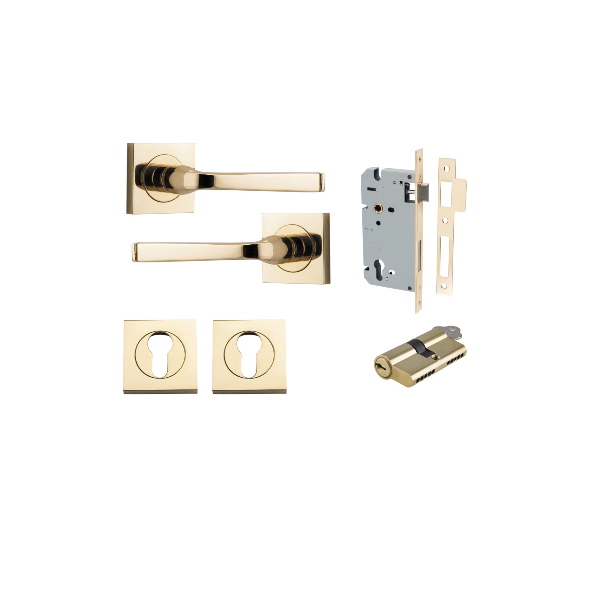 Annecy Lever - Square Rose - Ella Grace - Iver - Polished Brass - Door Levers - Entrance Kit - Door Handle - Solid Brass