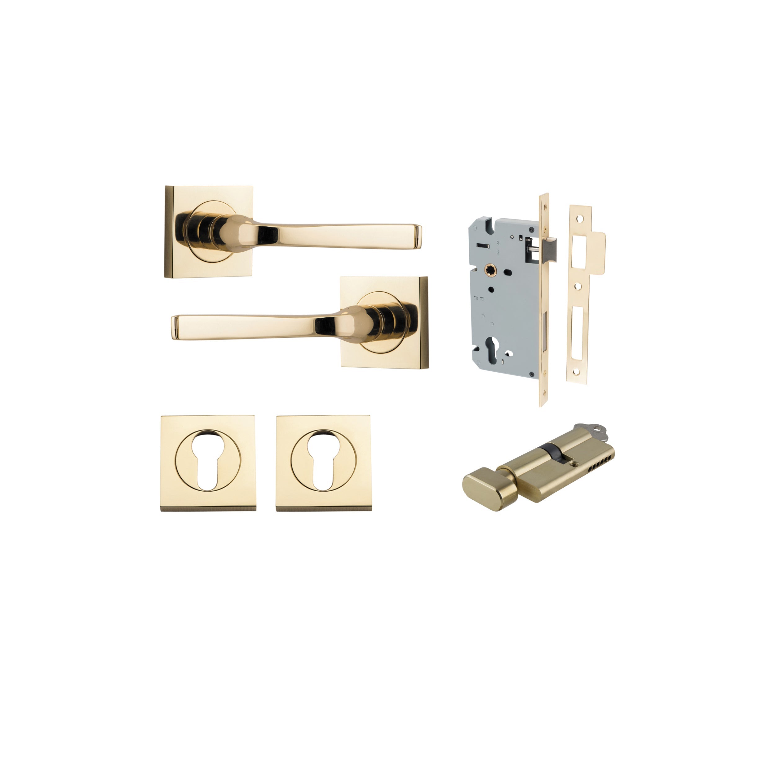 Annecy Lever - Square Rose - Ella Grace - Iver - Polished Brass - Door Levers - Entrance Kit - Door Handle - Solid Brass