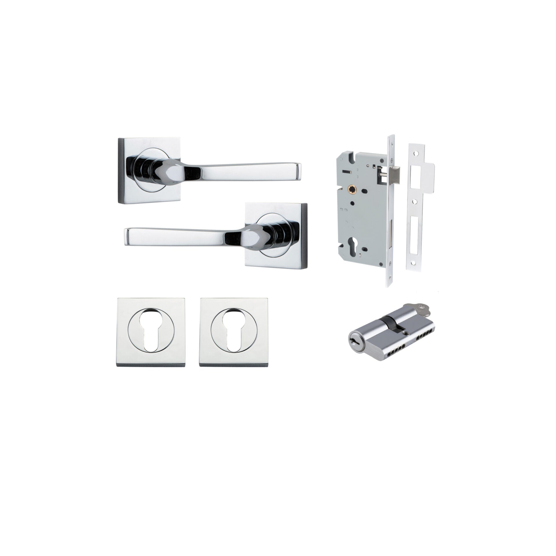 Annecy Lever - Square Rose - Ella Grace - Iver - Polished Chrome - Door Levers - Entrance Kit - Door Handle - Solid Brass