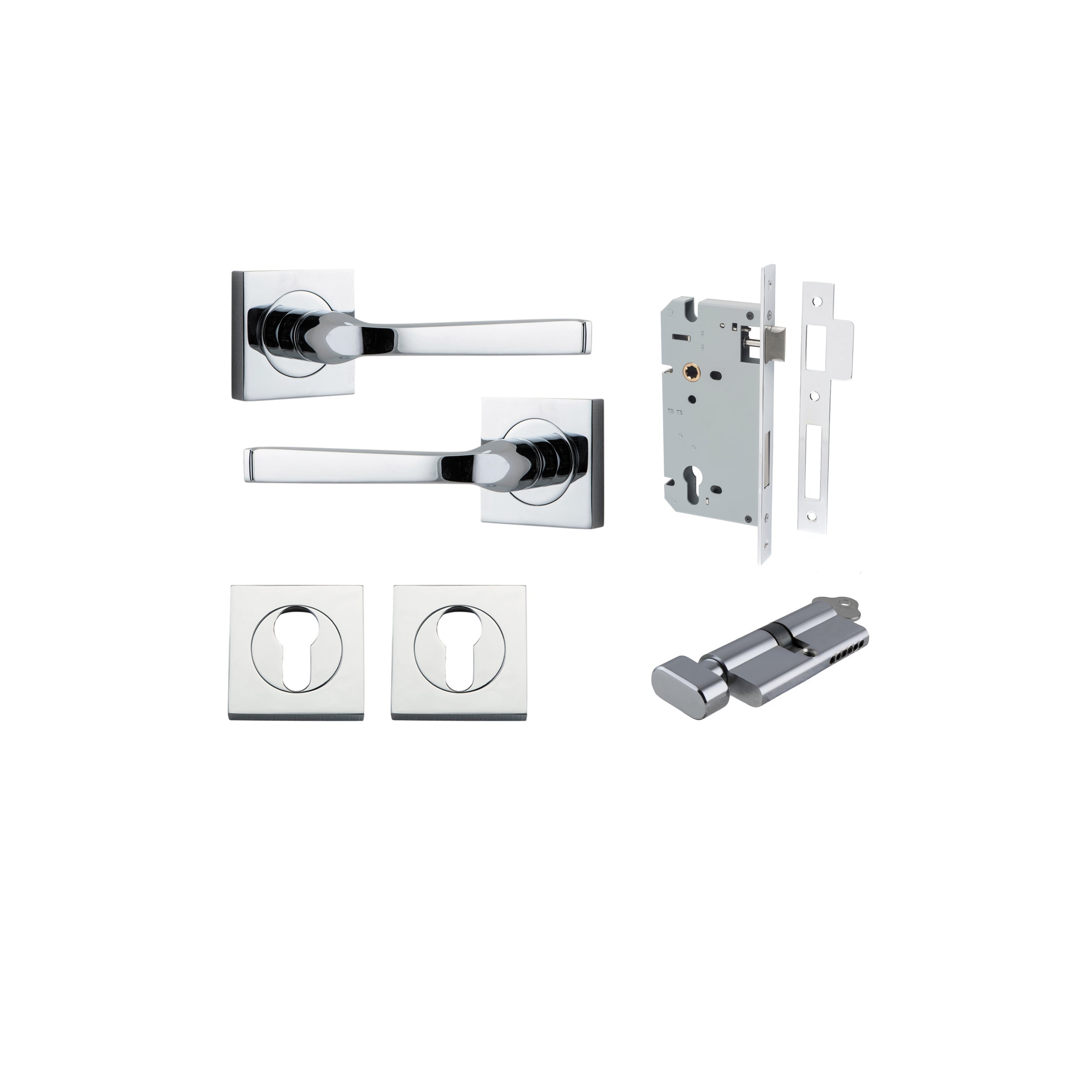 Annecy Lever - Square Rose - Ella Grace - Iver - Polished Chrome - Door Levers - Entrance Kit - Door Handle - Solid Brass