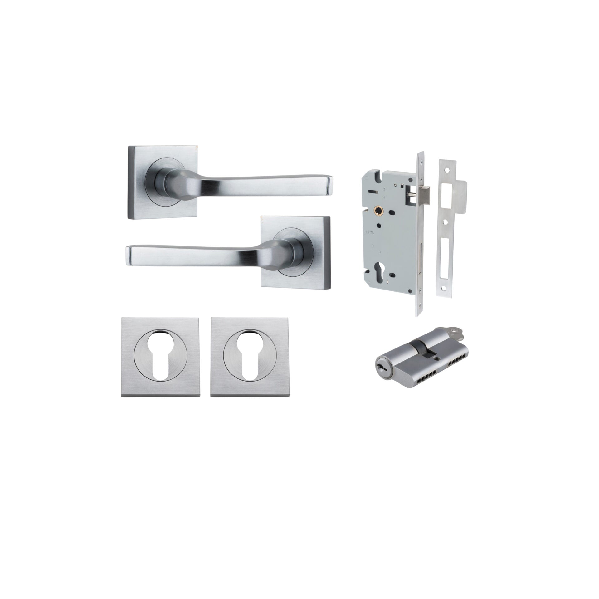 Annecy Lever - Square Rose - Ella Grace - Iver - Brushed Chrome - Door Levers - Entrance Kit - Door Handle - Solid Brass