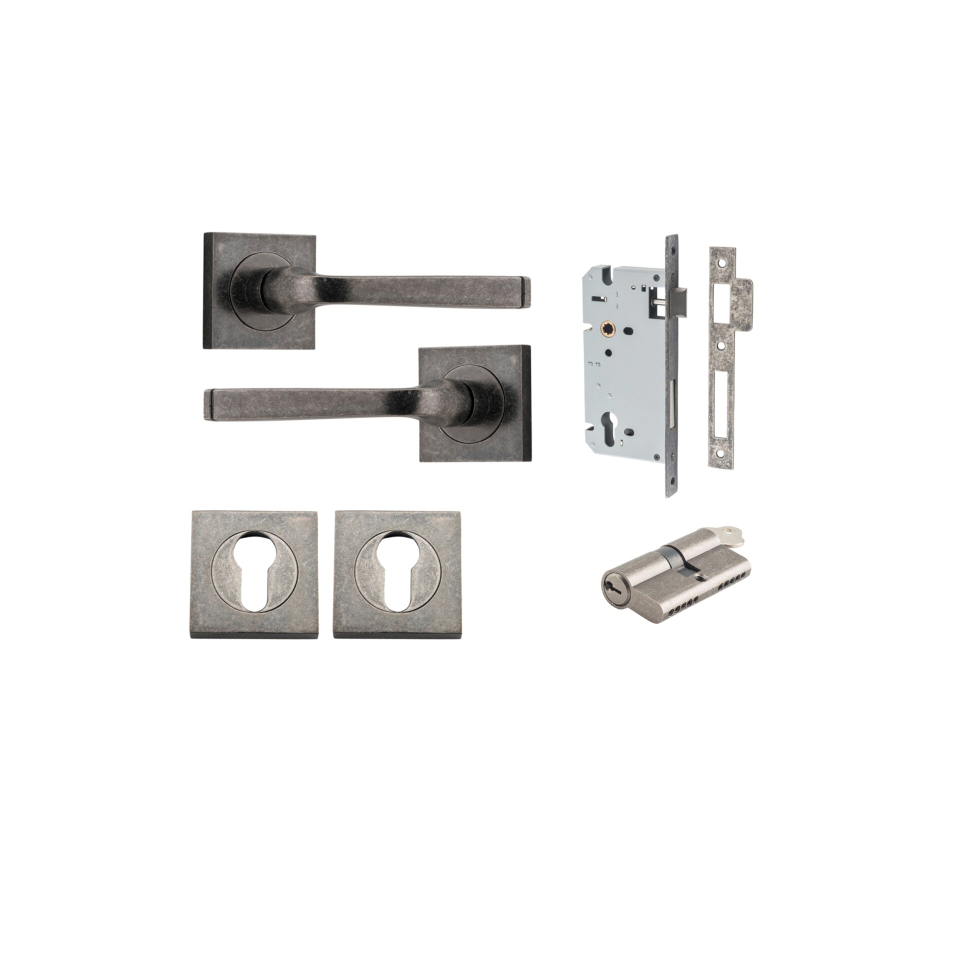 Annecy Lever - Square Rose - Ella Grace - Iver - Distressed Nickel - Door Levers - Entrance Kit - Door Handle - Solid Brass