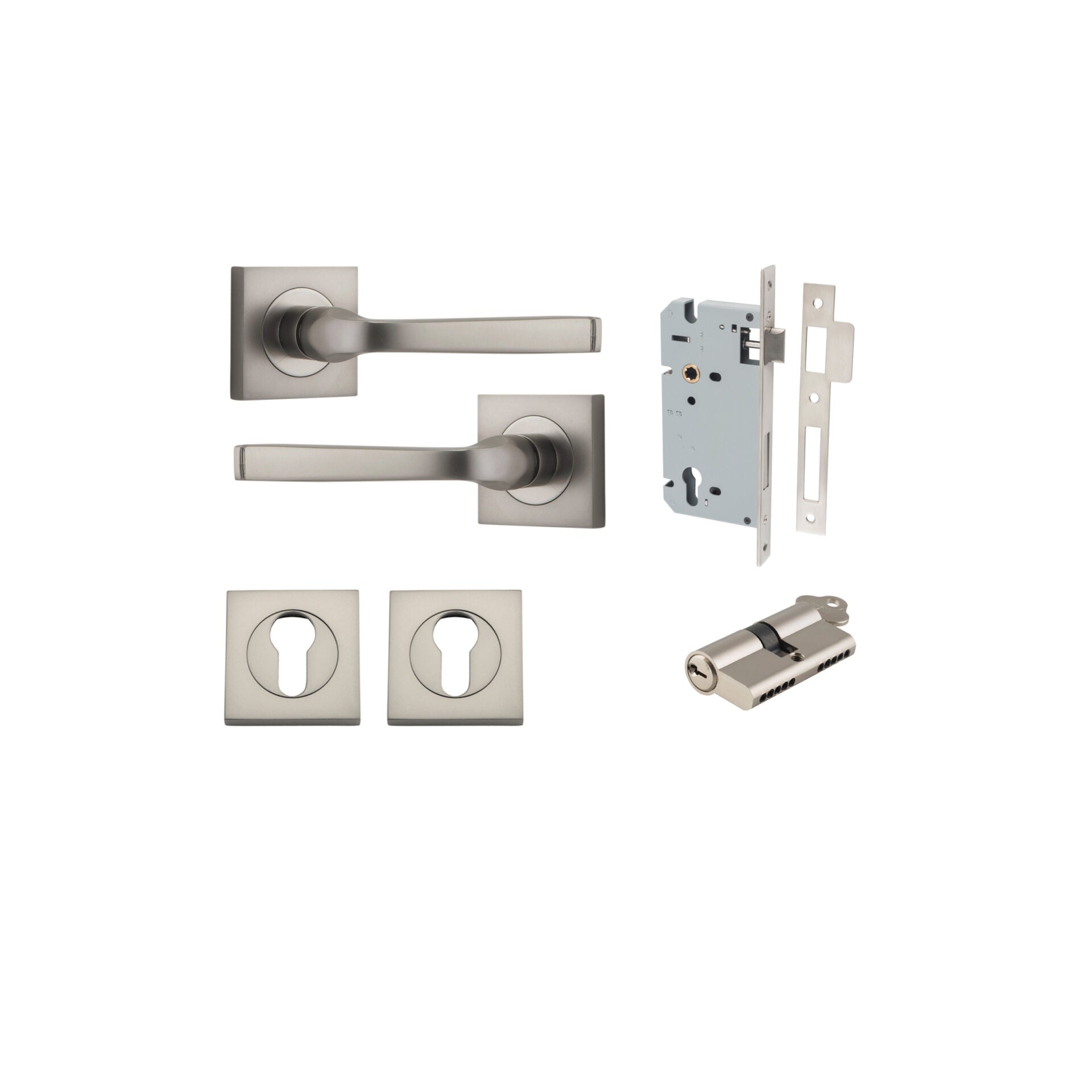 Annecy Lever - Square Rose - Ella Grace - Iver - Satin Nickel - Door Levers - Entrance Kit  - Door Handle - Solid Brass