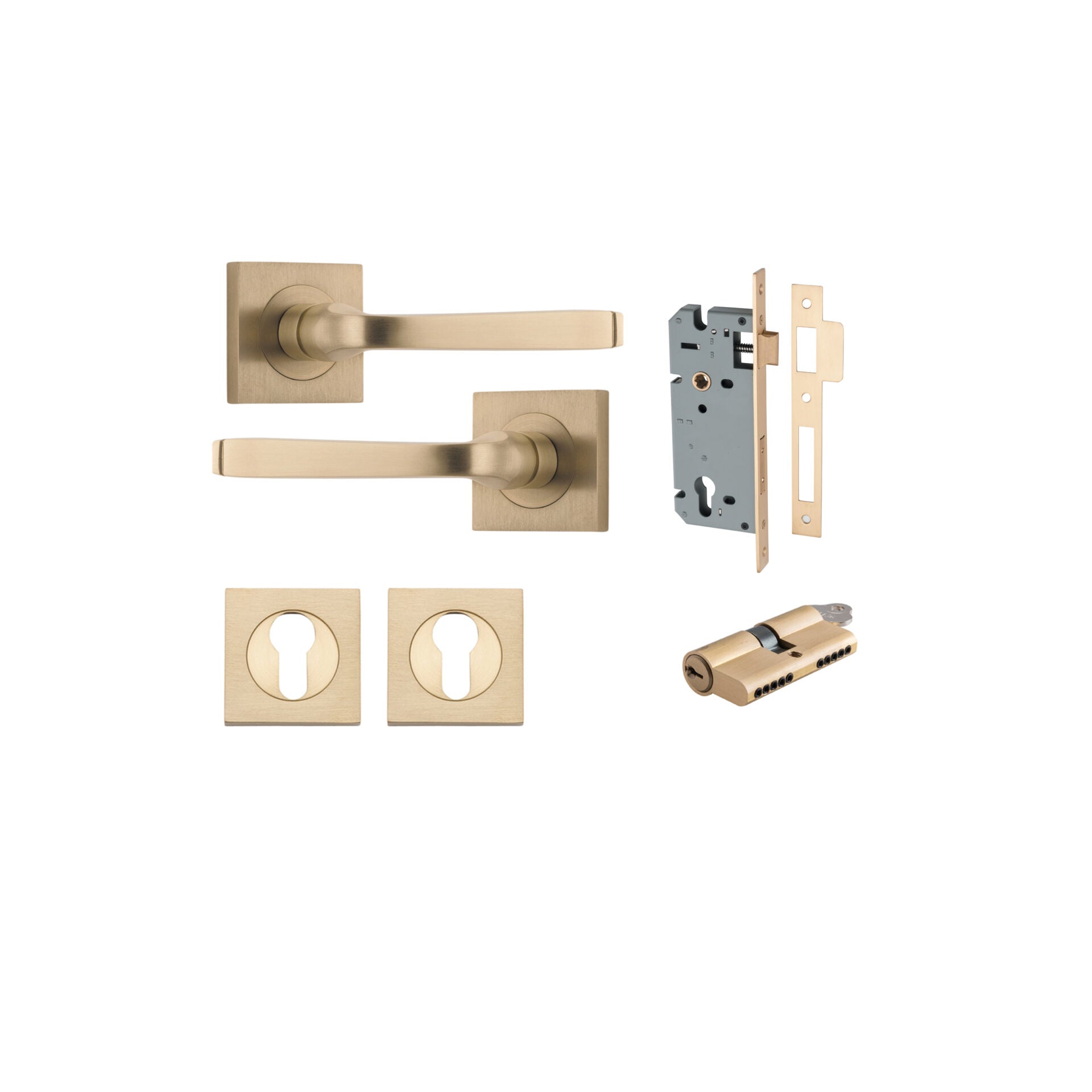 Annecy Lever - Square Rose - Ella Grace - Iver - Brushed Brass - Door Levers - Entrance Kit - Door Handle - Solid Brass