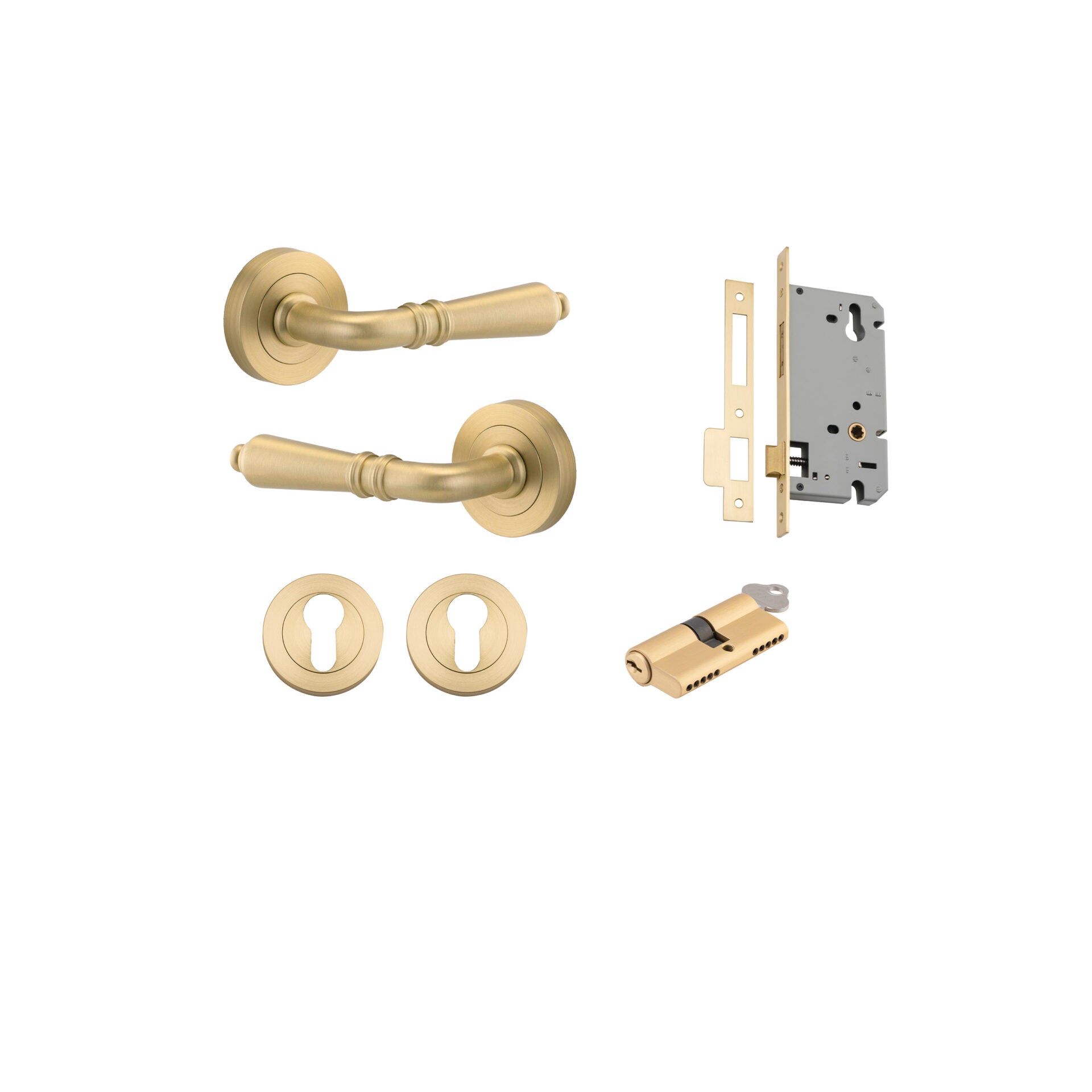 Sarlat Lever - Round Rose - Ella Grace - Iver - Brushed Gold PVD - Door Levers