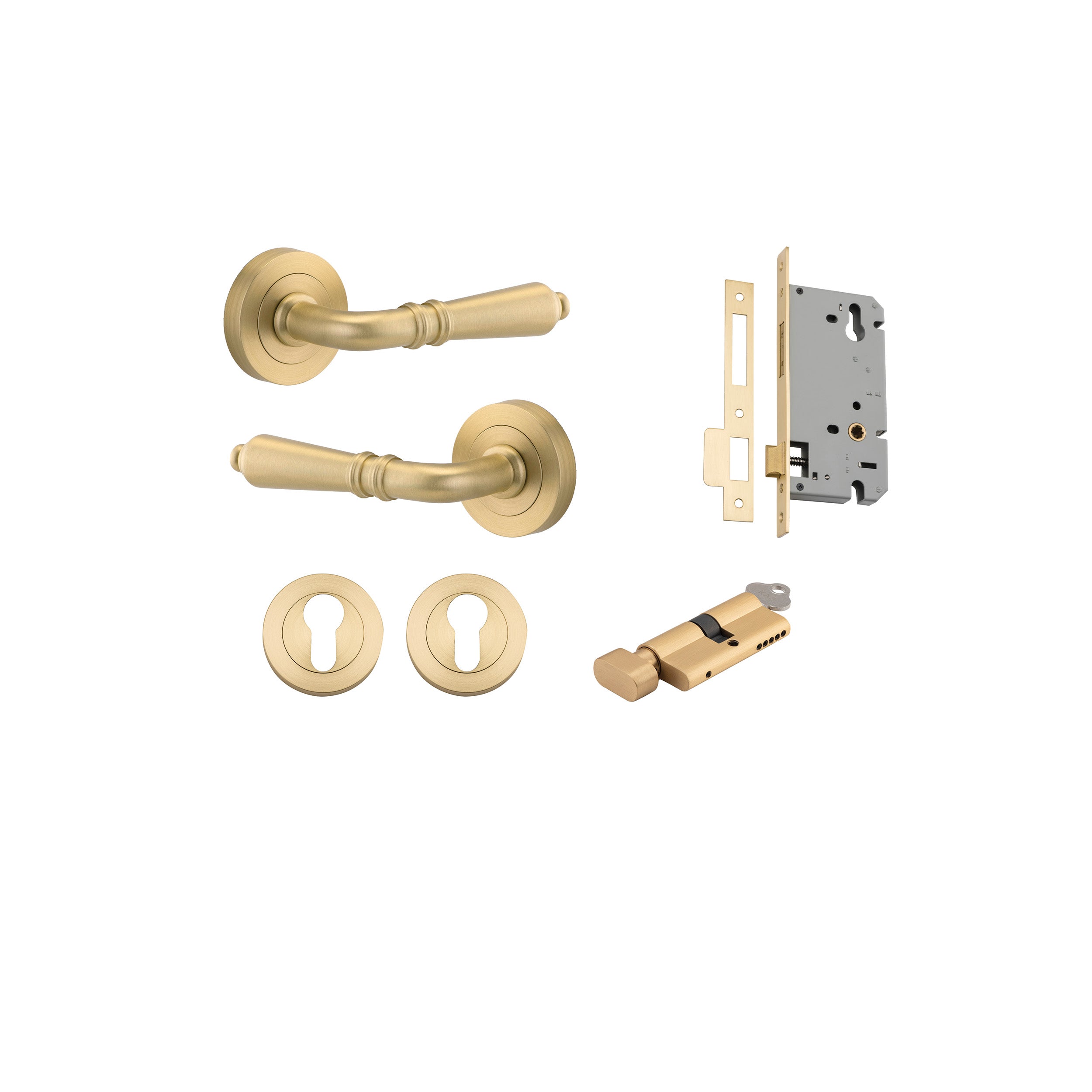 Sarlat Lever - Round Rose - Ella Grace - Iver - Brushed Gold PVD - Door Levers