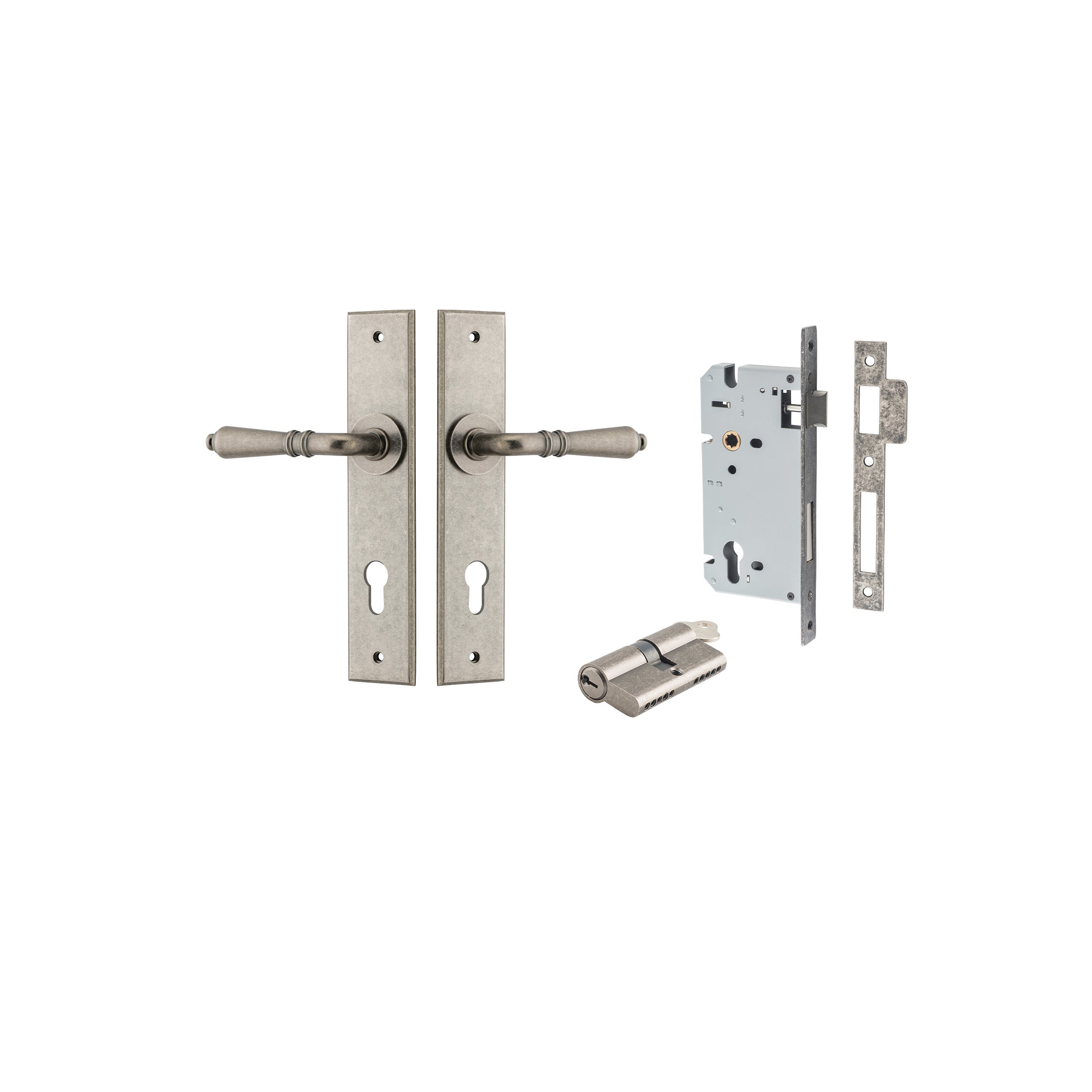 Sarlat Lever - Chamfered Backplate - Ella Grace - Iver - Distressed Nickel - Door Levers