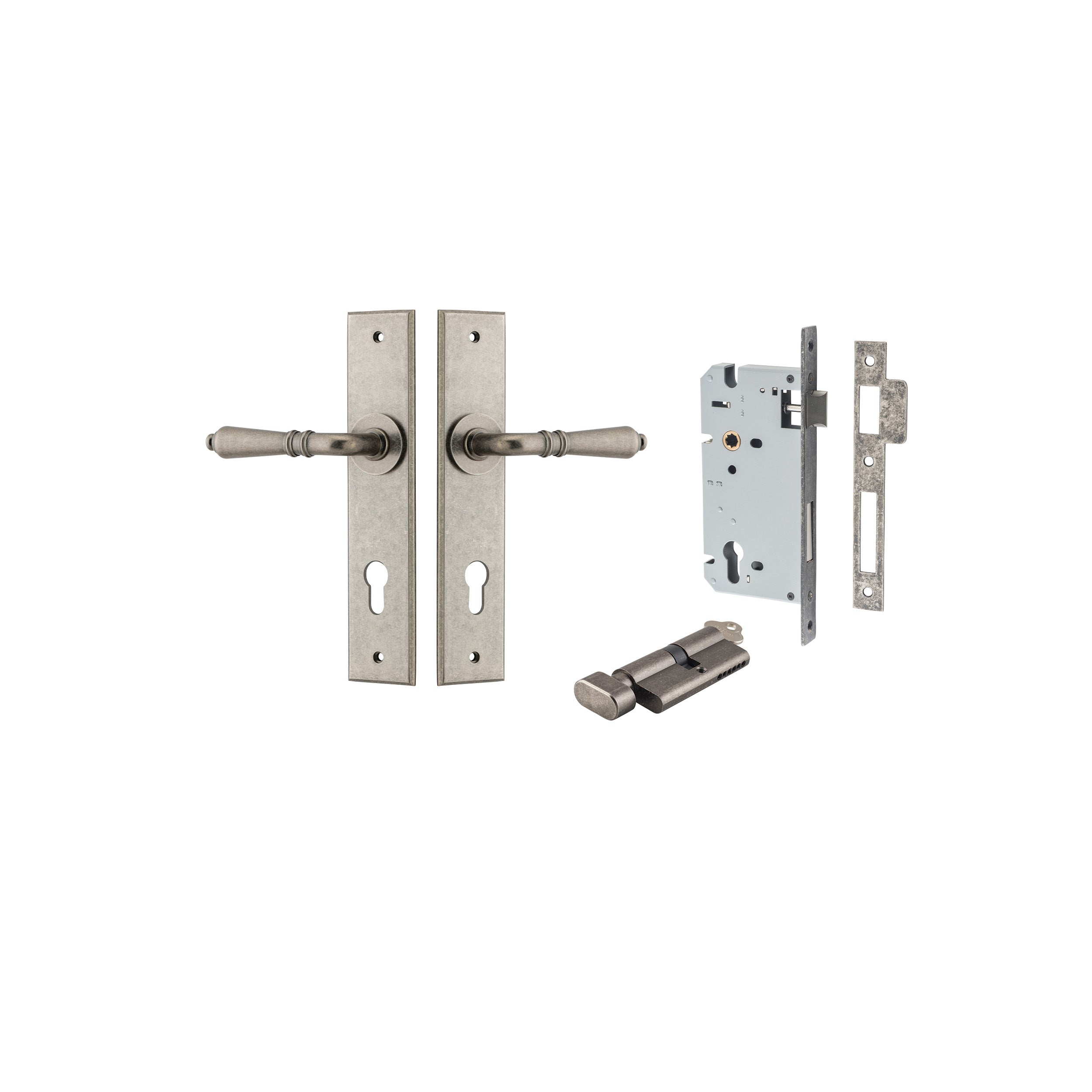 Sarlat Lever - Chamfered Backplate - Ella Grace - Iver - Distressed Nickel - Door Levers