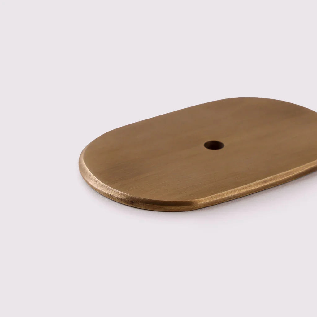 Curved Knob Backplate in acid wash brass, detail