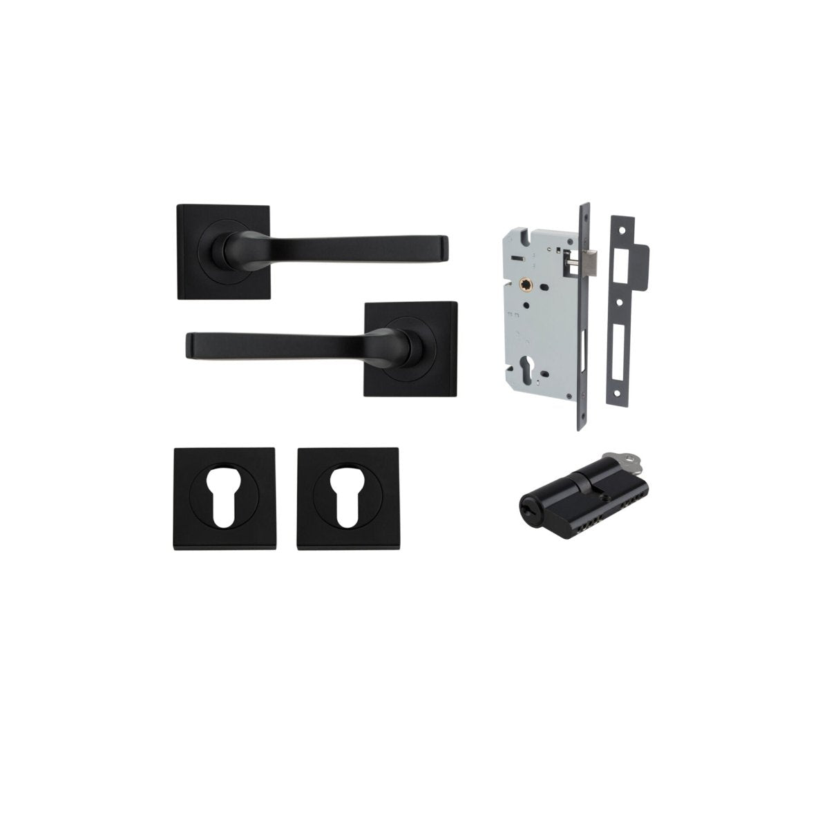 Annecy Lever - Square Rose - Ella Grace - Iver - Matt Black - Door Levers - Entrance Kit - Door Handle - Solid Brass