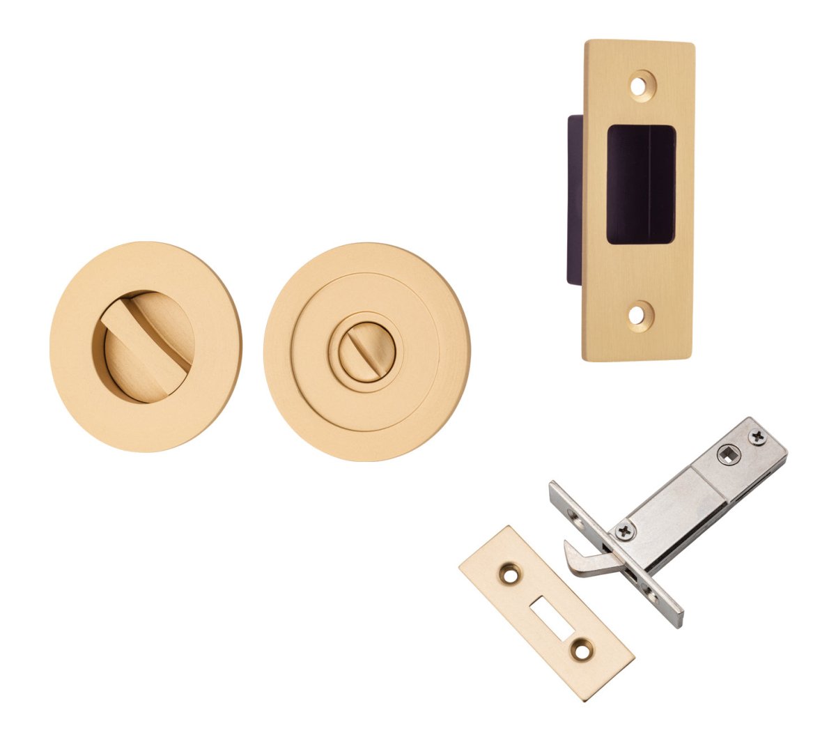 Round Sliding Flush Door Privacy Kit - Ella Grace - Iver - Brushed Brass - Sliding Door Pulls