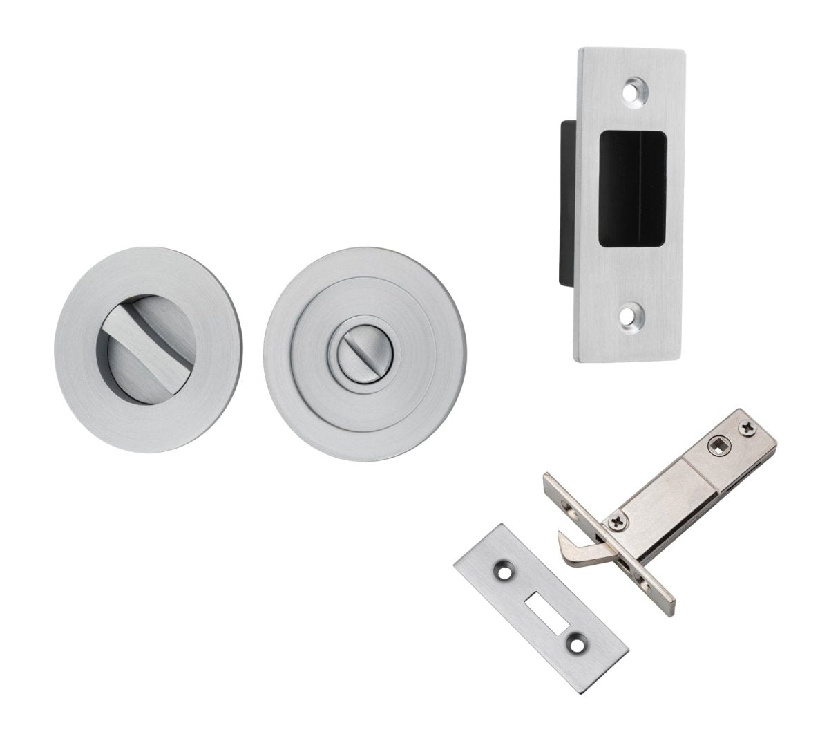 Round Sliding Flush Door Privacy Kit - Ella Grace - Iver - Brushed Chrome - Sliding Door Pulls