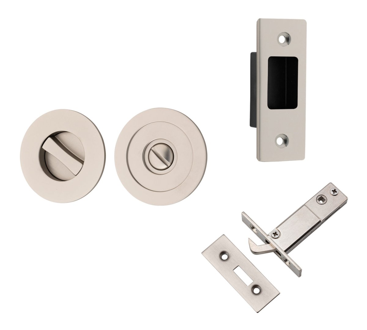 Round Sliding Flush Door Privacy Kit - Ella Grace - Iver - Satin Nickel - Sliding Door Pulls