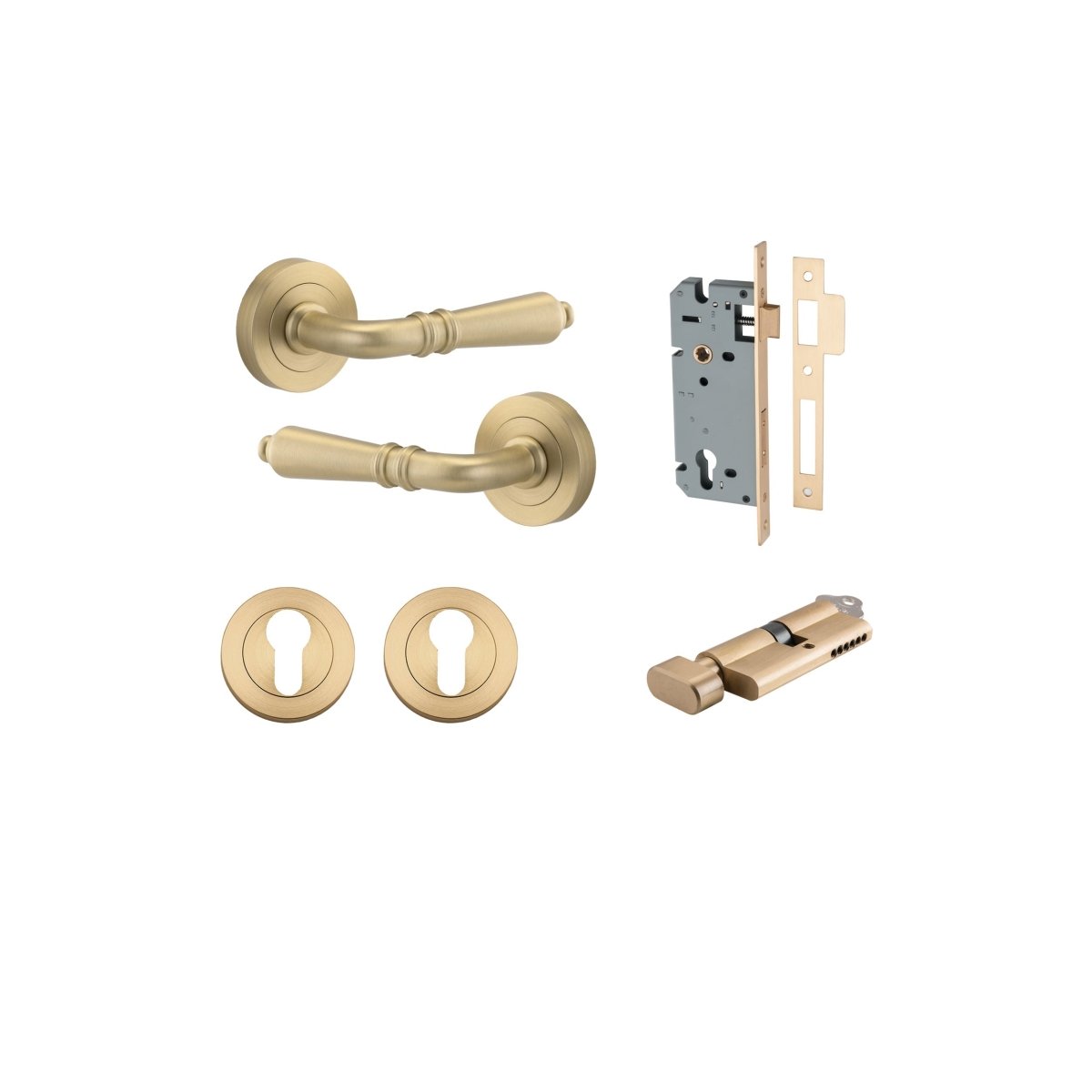 Sarlat Lever - Round Rose - Ella Grace - Iver - Brushed Brass - Door Levers